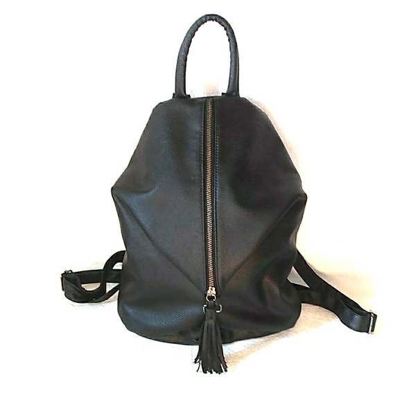 ASOS Handbags - ASOS Black Vegan Leather Front Zip Backpack w Tass